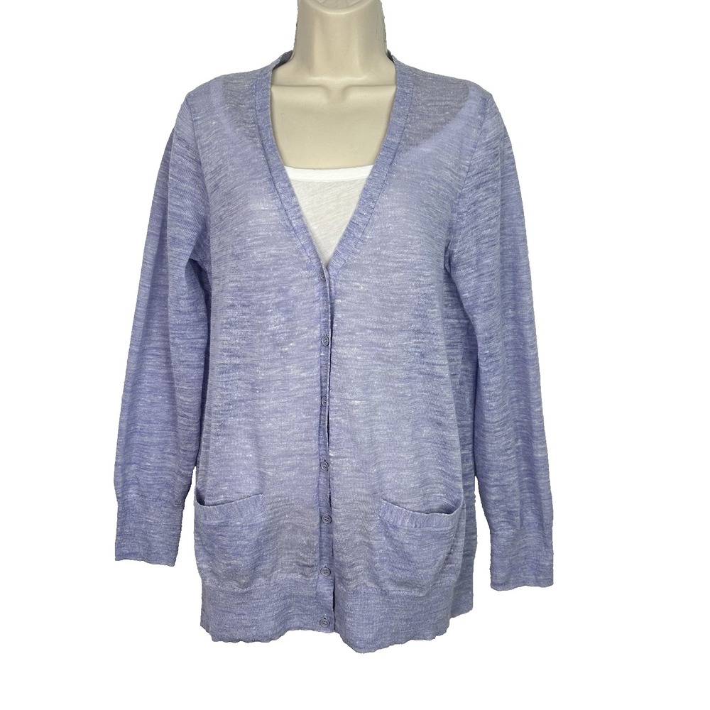 J.Crew Linen Blend Cardigan Sweater M Lavender Button Front Pockets Lightweight